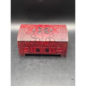 Vtg Red Wooden Trinket Box Floral Design Jewelry Storage Chest Poland 2.25" x 4"